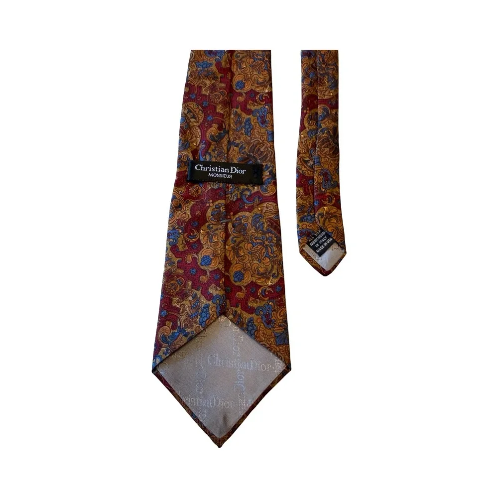 Christian Dior Monsieur Silk Tie Burgundy‎ Gold Baroque Paisley Vtg Made in USA